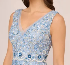 Adrianna Papell Wedding Guest Dresses|Grandmother Of The Bride & Groom*Beaded Sleeveless Ankle Length Gown With V Back In Elegant Sky
