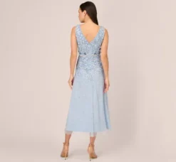 Adrianna Papell Wedding Guest Dresses|Grandmother Of The Bride & Groom*Beaded Sleeveless Ankle Length Gown With V Back In Elegant Sky