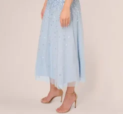 Adrianna Papell Wedding Guest Dresses|Grandmother Of The Bride & Groom*Beaded Sleeveless Ankle Length Gown With V Back In Elegant Sky