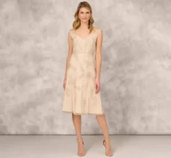 Adrianna Papell Wedding Guest Dresses|Petite-Friendly*Beaded Sleeveless Midi Dress With Sweetheart Neckline In