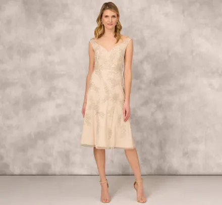 Adrianna Papell Wedding Guest Dresses|Petite-Friendly*Beaded Sleeveless Midi Dress With Sweetheart Neckline In
