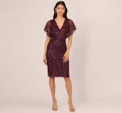 Adrianna Papell Wedding Guest Dresses|Grandmother Of The Bride & Groom*Beaded Surplice Midi Dress With Dolman Sleeves In Deep Amethyst