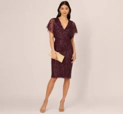 Adrianna Papell Wedding Guest Dresses|Grandmother Of The Bride & Groom*Beaded Surplice Midi Dress With Dolman Sleeves In Deep Amethyst