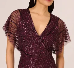 Adrianna Papell Wedding Guest Dresses|Grandmother Of The Bride & Groom*Beaded Surplice Midi Dress With Dolman Sleeves In Deep Amethyst