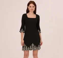 Adrianna Papell Wedding Guest Dresses|Grandmother Of The Bride & Groom*Beaded Three Quarter Sleeve Crepe Dress With Scallop Edges In