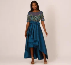 Adrianna Papell Wedding Guest Dresses|Formal Dresses*Bead Taffeta High Low Long Dress In Teal Sapphire Gold