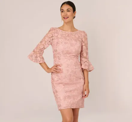 Adrianna Papell Wedding Guest Dresses|Day Dresses*Bell Sleeve Rose Embroidered Sheath Dress In Dusty Rose