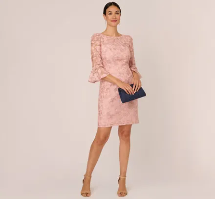 Adrianna Papell Wedding Guest Dresses|Day Dresses*Bell Sleeve Rose Embroidered Sheath Dress In Dusty Rose