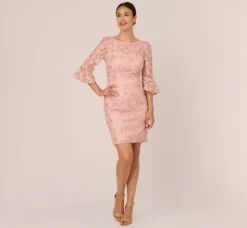 Adrianna Papell Wedding Guest Dresses|Day Dresses*Bell Sleeve Rose Embroidered Sheath Dress In Dusty Rose