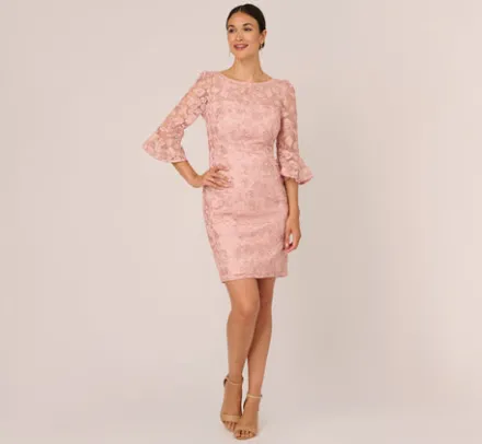 Adrianna Papell Wedding Guest Dresses|Day Dresses*Bell Sleeve Rose Embroidered Sheath Dress In Dusty Rose