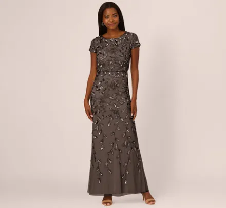 Adrianna Papell Wedding Guest Dresses|Formal Dresses*Blouson Short Sleeve Beaded Long Dress In