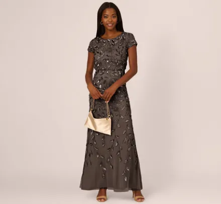 Adrianna Papell Wedding Guest Dresses|Formal Dresses*Blouson Short Sleeve Beaded Long Dress In