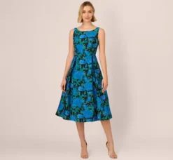 Adrianna Papell Wedding Guest Dresses|Petite-Friendly*Boat Neck Jacquard Midi Dress In Blue Green