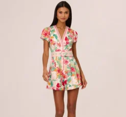 Adrianna Papell Jumpsuits|Day Dresses*Bright Floral Print Button Up Romper With Belted Waist In Pink-Green Multi