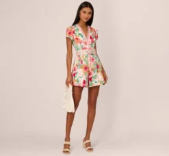 Adrianna Papell Jumpsuits|Day Dresses*Bright Floral Print Button Up Romper With Belted Waist In Pink-Green Multi