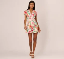 Adrianna Papell Jumpsuits|Day Dresses*Bright Floral Print Button Up Romper With Belted Waist In Pink-Green Multi