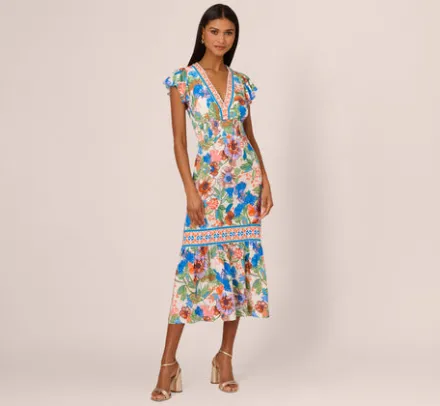 Adrianna Papell Wedding Guest Dresses|Day Dresses*Bright Floral Print Midi Dress With Flutter Sleeves In Blue-Green Multi