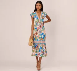 Adrianna Papell Wedding Guest Dresses|Day Dresses*Bright Floral Print Midi Dress With Flutter Sleeves In Blue-Green Multi