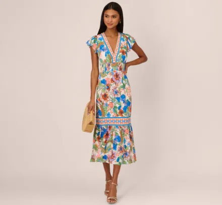 Adrianna Papell Wedding Guest Dresses|Day Dresses*Bright Floral Print Midi Dress With Flutter Sleeves In Blue-Green Multi