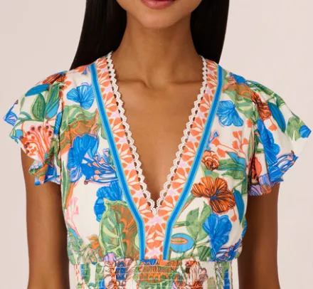 Adrianna Papell Wedding Guest Dresses|Day Dresses*Bright Floral Print Midi Dress With Flutter Sleeves In Blue-Green Multi