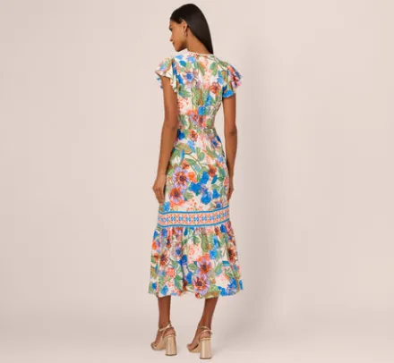 Adrianna Papell Wedding Guest Dresses|Day Dresses*Bright Floral Print Midi Dress With Flutter Sleeves In Blue-Green Multi