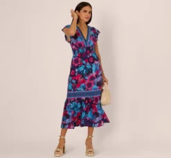 Adrianna Papell Wedding Guest Dresses|Day Dresses*Bright Floral Print Midi Dress With Flutter Sleeves In Navy Pink Multi
