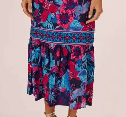 Adrianna Papell Wedding Guest Dresses|Day Dresses*Bright Floral Print Midi Dress With Flutter Sleeves In Navy Pink Multi