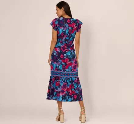 Adrianna Papell Wedding Guest Dresses|Day Dresses*Bright Floral Print Midi Dress With Flutter Sleeves In Navy Pink Multi