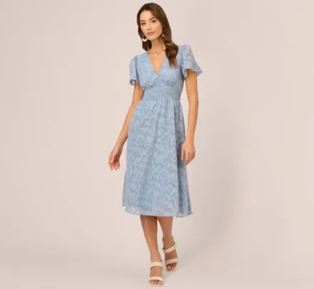 Adrianna Papell Wedding Guest Dresses|Ap Exclusives*Burnout Smocked Midi Dress With Short Sleeves In Dusty Blue