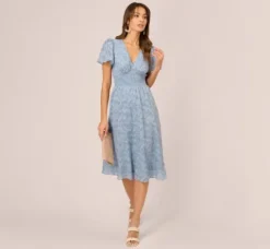 Adrianna Papell Wedding Guest Dresses|Ap Exclusives*Burnout Smocked Midi Dress With Short Sleeves In Dusty Blue