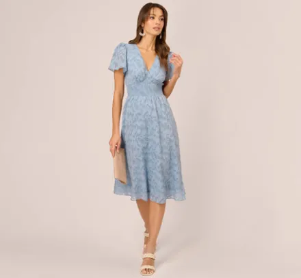 Adrianna Papell Wedding Guest Dresses|Ap Exclusives*Burnout Smocked Midi Dress With Short Sleeves In Dusty Blue
