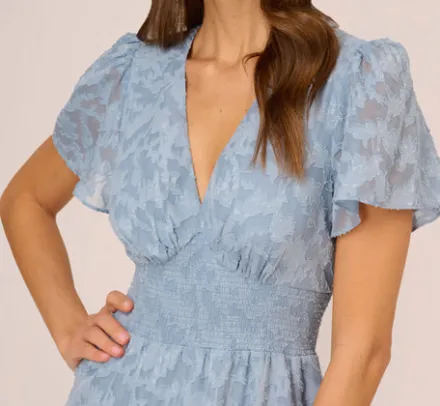 Adrianna Papell Wedding Guest Dresses|Ap Exclusives*Burnout Smocked Midi Dress With Short Sleeves In Dusty Blue
