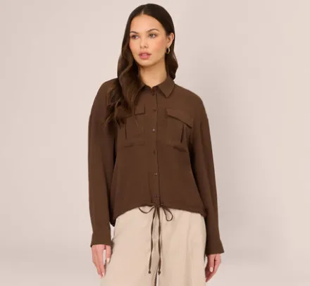 Adrianna Papell Tops & Blouses|Co-Ord Sets*Button Up Utility Shirt With Self Tie Drawstring In Coastal Coffee