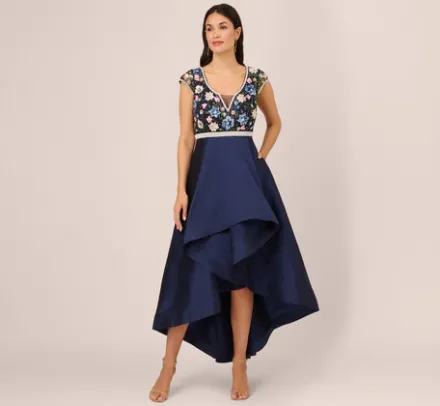 Adrianna Papell Wedding Guest Dresses|Formal Dresses*Cap Sleeve Beaded Gown With Taffeta High Low Skirt In Light Navy