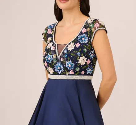 Adrianna Papell Wedding Guest Dresses|Formal Dresses*Cap Sleeve Beaded Gown With Taffeta High Low Skirt In Light Navy