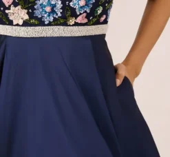 Adrianna Papell Wedding Guest Dresses|Formal Dresses*Cap Sleeve Beaded Gown With Taffeta High Low Skirt In Light Navy