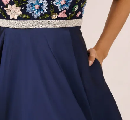 Adrianna Papell Wedding Guest Dresses|Formal Dresses*Cap Sleeve Beaded Gown With Taffeta High Low Skirt In Light Navy