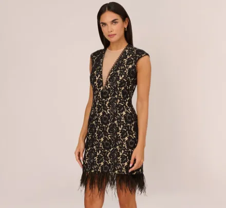 Adrianna Papell Wedding Guest Dresses*Cap Sleeve Lace Cocktail Dress With Feather Trim In Black Nude