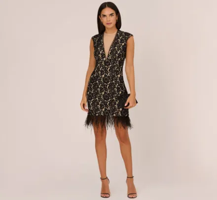 Adrianna Papell Wedding Guest Dresses*Cap Sleeve Lace Cocktail Dress With Feather Trim In Black Nude