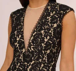 Adrianna Papell Wedding Guest Dresses*Cap Sleeve Lace Cocktail Dress With Feather Trim In Black Nude