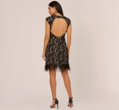 Adrianna Papell Wedding Guest Dresses*Cap Sleeve Lace Cocktail Dress With Feather Trim In Black Nude