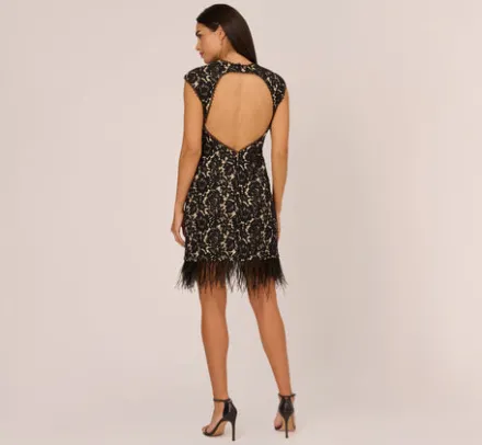 Adrianna Papell Wedding Guest Dresses*Cap Sleeve Lace Cocktail Dress With Feather Trim In Black Nude