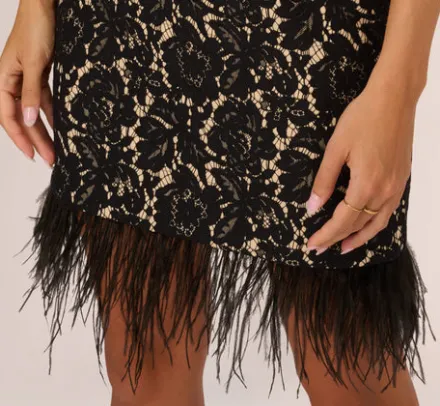 Adrianna Papell Wedding Guest Dresses*Cap Sleeve Lace Cocktail Dress With Feather Trim In Black Nude