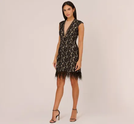 Adrianna Papell Wedding Guest Dresses*Cap Sleeve Lace Cocktail Dress With Feather Trim In Black Nude