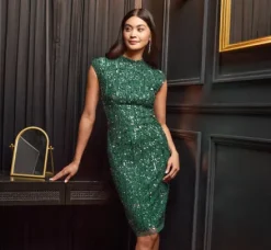 Adrianna Papell Wedding Guest Dresses*Cap Sleeve Sequin Beaded Dress With Mock Neckline In Gem Green