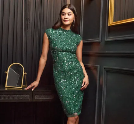 Adrianna Papell Wedding Guest Dresses*Cap Sleeve Sequin Beaded Dress With Mock Neckline In Gem Green
