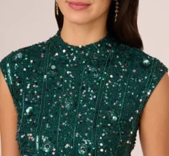 Adrianna Papell Wedding Guest Dresses*Cap Sleeve Sequin Beaded Dress With Mock Neckline In Gem Green