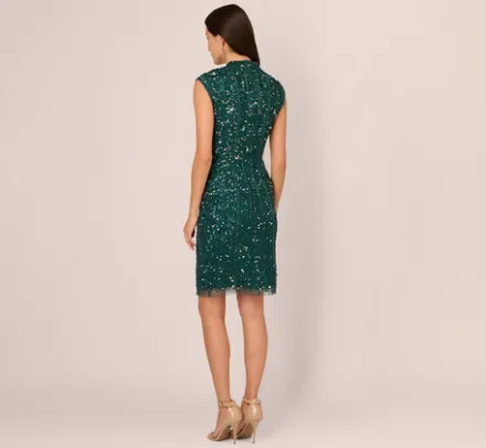 Adrianna Papell Wedding Guest Dresses*Cap Sleeve Sequin Beaded Dress With Mock Neckline In Gem Green