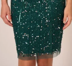 Adrianna Papell Wedding Guest Dresses*Cap Sleeve Sequin Beaded Dress With Mock Neckline In Gem Green