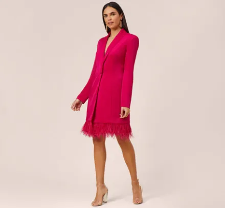 Adrianna Papell Wedding Guest Dresses*Charmeuse Tuxedo Short Sheath Cocktail Dress With Feather Trim In Bright Rose
